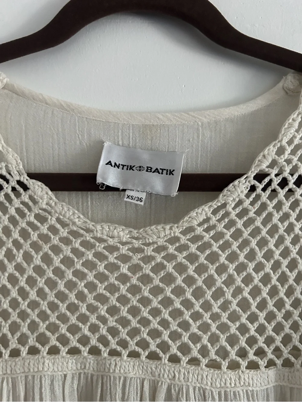 Antik Batik Cream Cotton Crepe Crochet Openwork Boho Prairie Dress XS Sheer